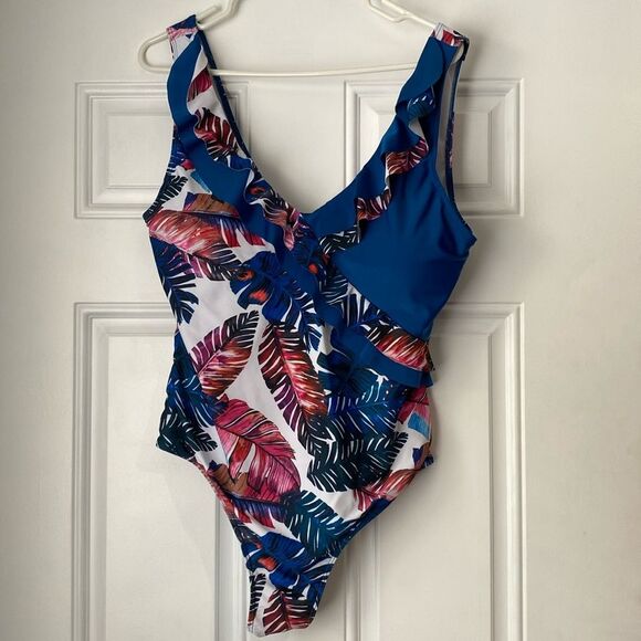 SHEIN Tropical Floral Ruffle One Piece Bathing Suit Size 2XL - Picture 2 of 7